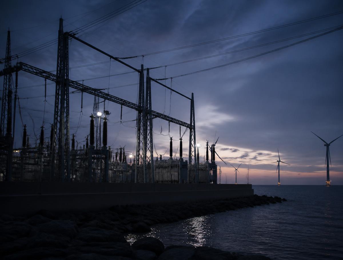 High voltage substation with offshore wind turbines at twilight