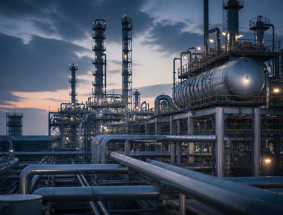 Refinery pipework and pressure vessels at dusk